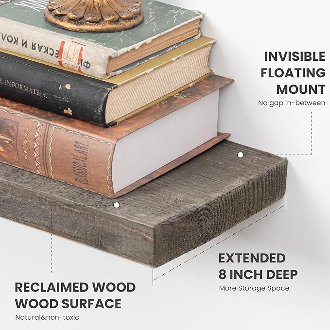 FLYJOE Floating Shelves, 8 Inch Deep Rustic Solid Reclaimed Wood Wall Shelves for Storage, Wall Mounted Display Shelving with Invisible Heavy-Duty Metal Bracket, 30 Inch Width Set of 2, Grey