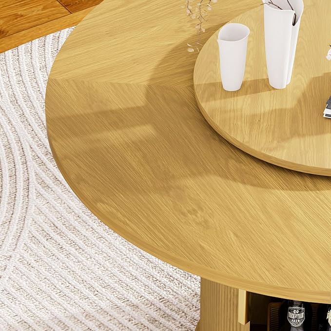 55 inch Round Dining Table for 4-6, Round Wooden Dining Table with Rotating Tabletop Tray & Sliding Door Base, Modern Farmhouse Kitchen Table with 2 Tier Storage Shelf for Kitchen Living Room, Natural