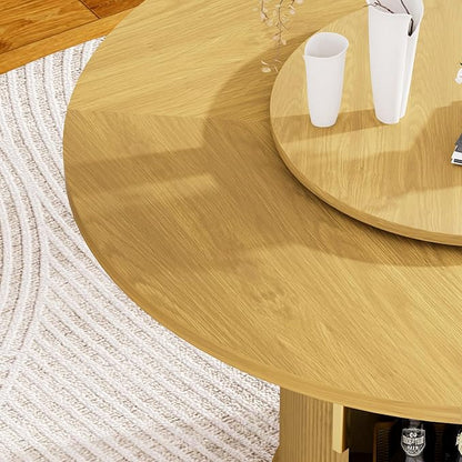 55 inch Round Dining Table for 4-6, Round Wooden Dining Table with Rotating Tabletop Tray & Sliding Door Base, Modern Farmhouse Kitchen Table with 2 Tier Storage Shelf for Kitchen Living Room, Natural