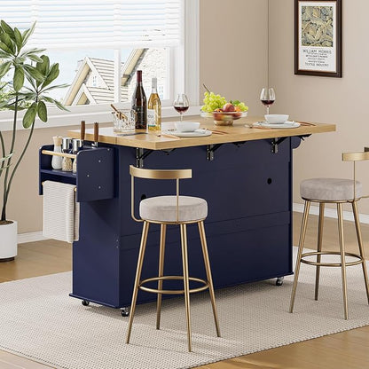 ONBRILL 60" Kitchen Island with Power Outlet & Drop Leaf, Mobile Storage Island with Spice Rack & Towel Rack, 4 Levels, Blue