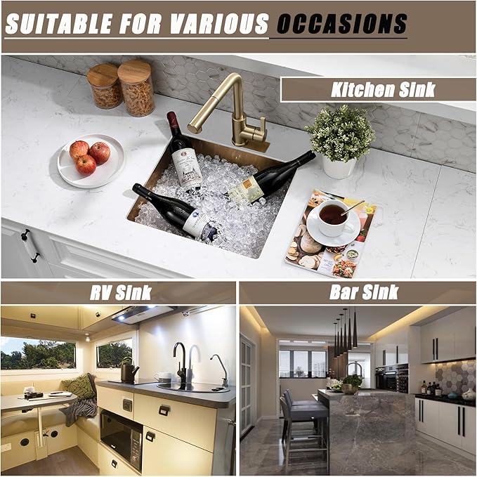15 Inch Gold Undermount Bar Sink, 15x15 Bar Sink Undermount Gold Small Wet Bar 18 Gauge Single Bowl Stainless Steel Kitchen Sinks with Basket Strainer