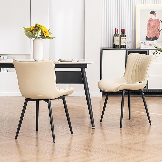 Kidol & Shellder Dining Chairs Set of 2, Mid Century Modern Kitchen Chairs with Black Metel Legs, PU Leather Upholstered Side Chair for Dining Room, Living Room, Lounge, Restaurant, Beige