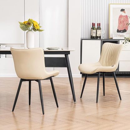 Kidol & Shellder Dining Chairs Set of 2, Mid Century Modern Kitchen Chairs with Black Metel Legs, PU Leather Upholstered Side Chair for Dining Room, Living Room, Lounge, Restaurant, Beige