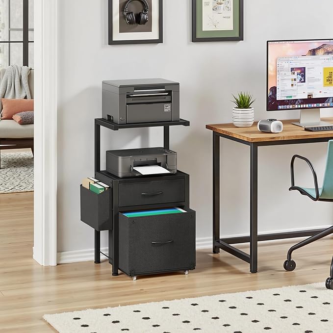 HIGDBFE 2-Drawer File Cabinet, Filing Cabinet with 2-Tier Printer Shelves, Office Cabinets with Side Bag&File Drawer for A4/Letter Size, Printer Stand with Storage for Home Office, Black, 16.5" W
