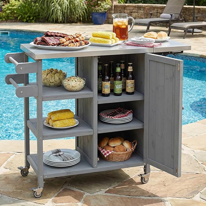 JIJIWANG 33.4" Foldable Outdoor Kitchen Island Patio Kitchen Island Outdoor Kitchen Cart Portable Prep Station with Lockable Wheels, Storage Cabinet and Towel Rack for Patio and Outdoor Grey