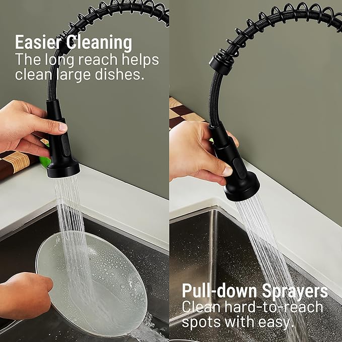 Asinse Kitchen Faucet with Sink Mat, Pull Down Kitchen Faucet with Sprayer, 2 Modes High Arc Stainless Steel Kitchen Sink Faucet, 360° Swivel Modern Tap for RV, Bar, Laundry, Garden, Black