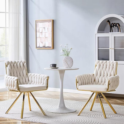 Upholstered Dining Chairs Set of 2, Hand-Woven Back Kitchen Chair, Large Gold Dining Chairs,Velvet Upholstery with Metal Legs, Modern Velvet Chair for Dining Room、Kitchen、Restaurant