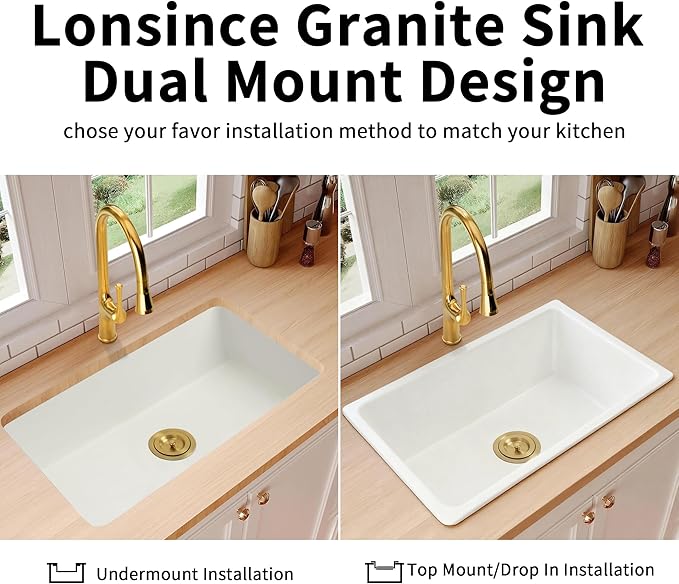 White Undermount Kitchen Sink 33 X 18 inch,Granite Composite Kitchen Sink Offset Drain,Undermount/Drop In Kitchen Sinks with Workstation,Large Single Basin (White, 33" X 18")