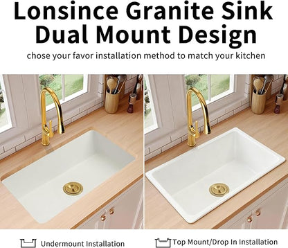 White Undermount Kitchen Sink 33 X 18 inch,Granite Composite Kitchen Sink Offset Drain,Undermount/Drop In Kitchen Sinks with Workstation,Large Single Basin (White, 33" X 18")