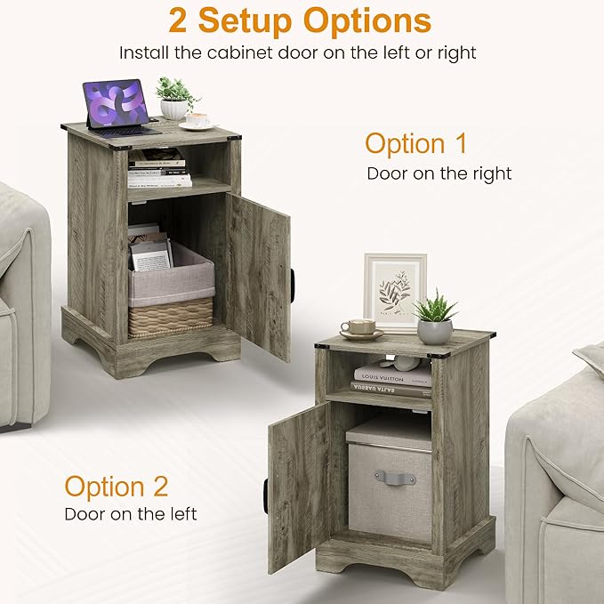 RoyalCraft 25" Tall Farmhouse Nightstand with Charging Station, Grey End Table with Storage, Large Wooden Rustic Bedside Table for Bedroom, Light Grey