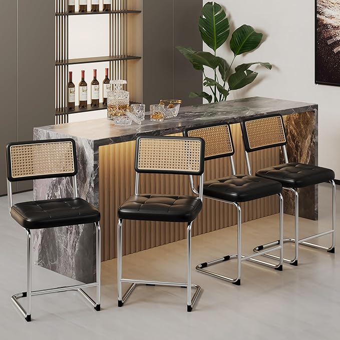 Alunaune 24inch Mid Century Black Bar Stools Set of 4, Upholstered Modern Counter Height Bar Stools Natural Rattan Dining Chairs Side Kitchen Chair with Metal Chrome Legs-PU Seat
