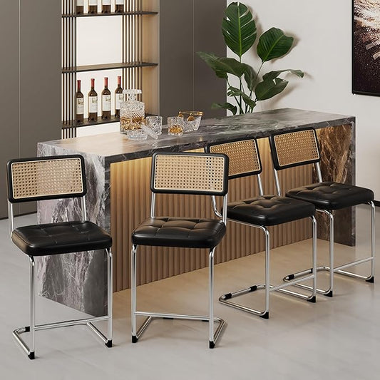 Alunaune 24inch Mid Century Black Bar Stools Set of 4, Upholstered Modern Counter Height Bar Stools Natural Rattan Dining Chairs Side Kitchen Chair with Metal Chrome Legs-PU Seat