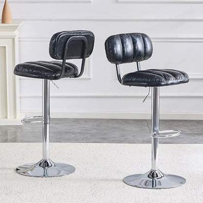 Set of 2 Adjustable Height Bar Stools, Black PU Leather Upholstered with Chrome Base Footrest, Comfortable Stools for Kitchen Island, Home Bar, Game Room Office Break Area
