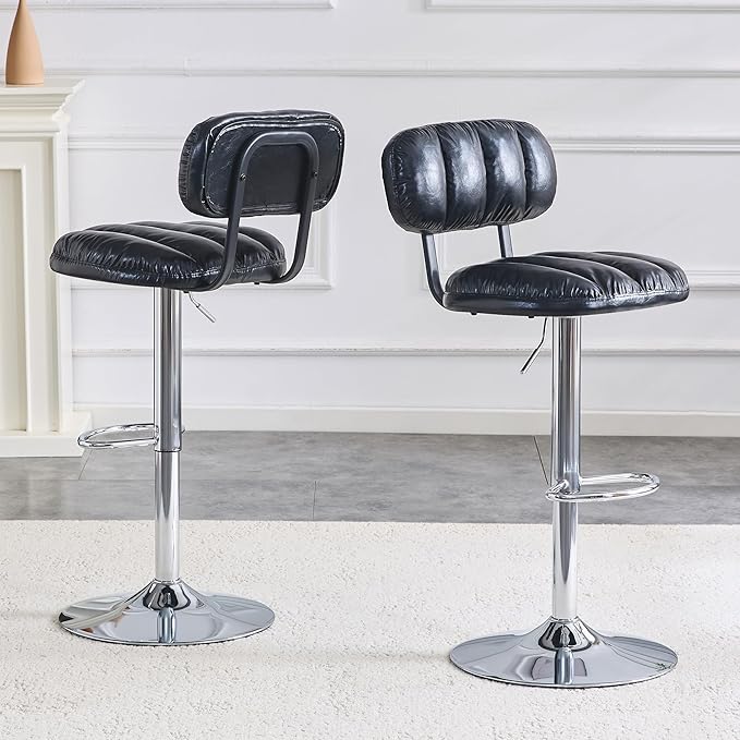 Set of 2 Adjustable Height Bar Stools, Black PU Leather Upholstered with Chrome Base Footrest, Comfortable Stools for Kitchen Island, Home Bar, Game Room Office Break Area