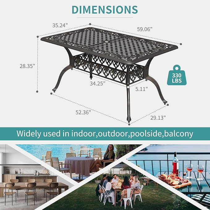 GarveeLife Cast Aluminum Outdoor Dining Table, 59 in Patio Dining Table with 2 in Umbrella Hole and Adjustable Foot Pads for Garden, Backyard, Deck, Dark Bronze