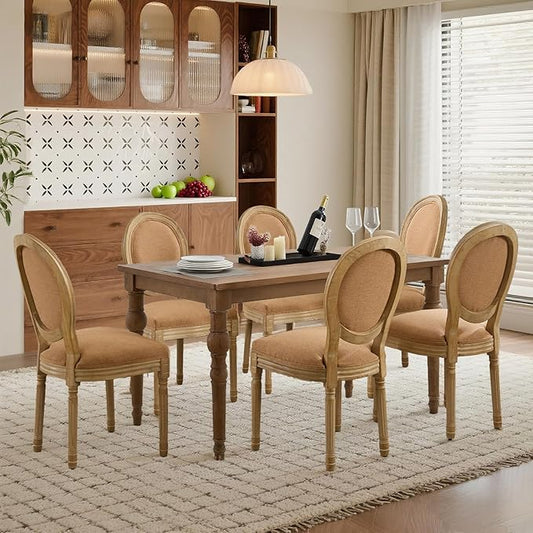 SoarFlash French Dining Chairs Set of 6, Vantage Linen Dining Chair with Round Back, Wood Leg Farmhouse Country Dining Chair for Living Room,Kitchen,Restaurant,Brown