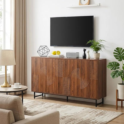 PVWIIK Mid-Century Modern Walnut Sideboard Buffet Cabinet, 59 * 16 * 33 inches Geometric Carved Storage Cabinet with Metal Legs, Multi-Purpose Credenza for Living Room, Dining Room, Entryway