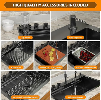 Mocoloo 33 Inch Black Honeycomb Waterfall Kitchen Sink Drop in, 33x19 Inch Stainless Steel Workstation Sink 16 Gauge Topmount Single Bowl Sink with Complete Kit