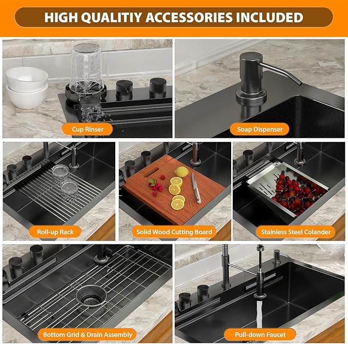 Mocoloo 30 Inch Black Honeycomb Waterfall Kitchen Sink Drop in, 30x19 Inch Stainless Steel Workstation Sink 16 Gauge Topmount Single Bowl Sink with Complete Kit