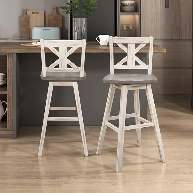 Lexicon Bar Height Bar Stools Set of 2-Solid Wood Frame 360° Swivel Wooden Stools, Foot Rest, X Back, Wide Seat, Distressed Farmhouse Easy to Clean Finish, 28.5" SH, Antique White/Grey