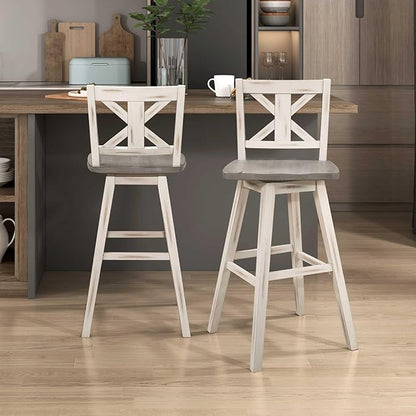 Lexicon Bar Height Bar Stools Set of 2-Solid Wood Frame 360° Swivel Wooden Stools, Foot Rest, X Back, Wide Seat, Distressed Farmhouse Easy to Clean Finish, 28.5" SH, Antique White/Grey