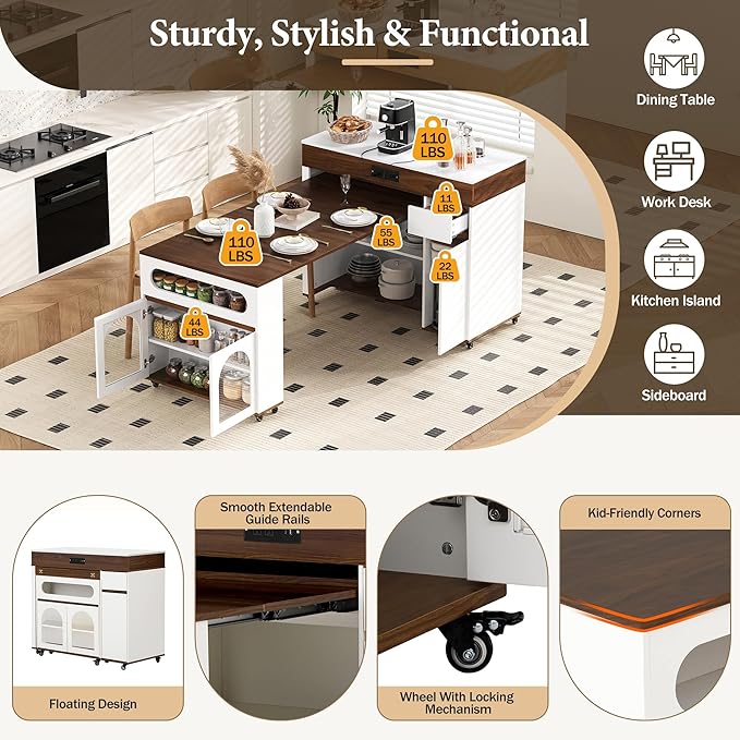 74" Extendable Dining Table with Extra-Long Folding Tabletop, Rolling Kitchen Island with Drawers, Power Outlet and Brake Lock, Zoned Layered Storage Cabinet for Kitchen and Dining Room