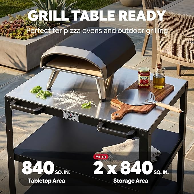 Feasto 36''x 24'' Heavy-Duty Outdoor Pizza Oven Table, 304 Stainless Steel Grill Table with Lockable Wheels for Pizza Ovens & Griddles, 3-Shelf Prep Table for Deck, Patio BBQ & Parties