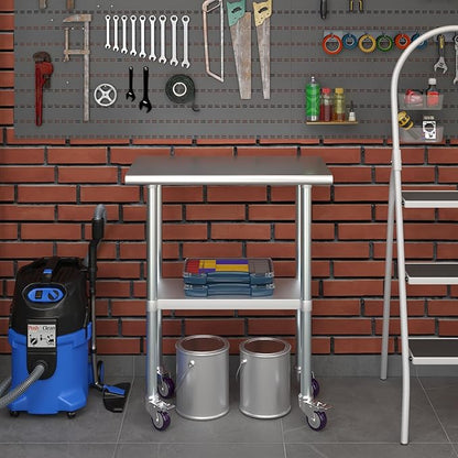 Stainless Steel Work Table with Wheels | NSF Kitchen Island Food Prep | Laundry Garage Utility Bench (Table + Wheels, 30" Long x 18" Deep)