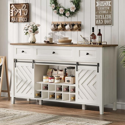 CABIHOME Farmhouse 59'' Buffet Cabinet with Sliding Barn Door, 33.4'' Tall Wood Rustic Sideboard with 3 Drawer, Adjustable Shelf and Removable Wine Rack for Dining Room, Kitchen, Living Room, White