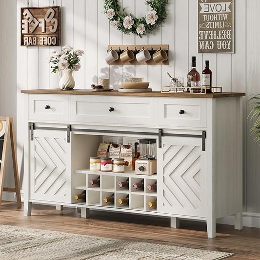 CABIHOME Farmhouse 59'' Buffet Cabinet with Sliding Barn Door, 33.4'' Tall Wood Rustic Sideboard with 3 Drawer, Adjustable Shelf and Removable Wine Rack for Dining Room, Kitchen, Living Room, White