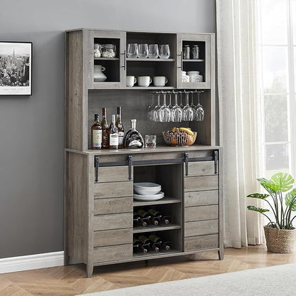 IDEALHOUSE 70'' Wine Coffee Bar Cabinet with Storage Hutch, Tall Kitchen Pantry Liquor Cabinet with Sliding Barn Doors, Bottle Glasses Rack, Farmhouse Buffet for Home Dining Room, Gray
