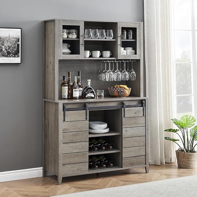 IDEALHOUSE 70'' Wine Coffee Bar Cabinet with Storage Hutch, Tall Kitchen Pantry Liquor Cabinet with Sliding Barn Doors, Bottle Glasses Rack, Farmhouse Buffet for Home Dining Room, Gray