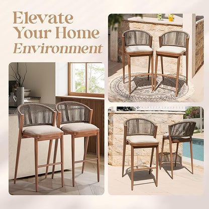 IDZO 400lbs Capacity Modern Rope Bar Stools Set of 2, 28 Inches Bar Height Stools with Comfortable Cushions, Aluminum Base and Ergonomic Curved Backrest, Easy Assembly for Indoor and Outdoor Use