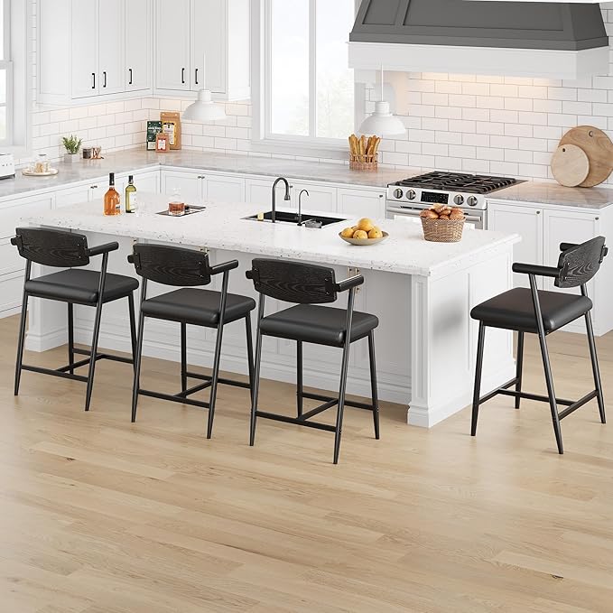 GarveeHome Bar Stools Set of 6 with Arms, 26" Modern 6pcs Counter Height Metal Barstools Set with Wood Back & Footrest, Wider Seat, Sturdy Frame, for Counter Bar, Kitchen Island, Retro Black