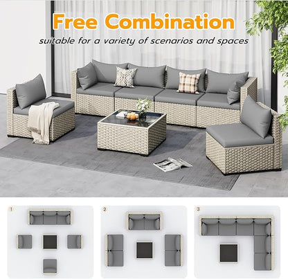 UDPATIO Outdoor Patio Furniture Set, 7-Piece PE Wicker Sectional Sofa with Tea Table, Outdoor Conversation Set for Patio, Garden, Backyard Grey