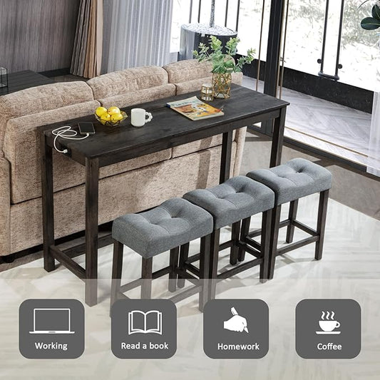 4-Piece Wooden Counter Height Dining Set w/ 3 Padded Stools, 59" Farmhouse Bar Table Set with Charging Station (USB & Power Outlet), Kitchen Island Table Barstools for Small Space, Grey