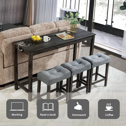 HMFULE 59'' Dining Bar Table and Chairs Set with Power Outlet, 4-Piece Industrial Breakfast Table Set with 3 Padded Stools, Wood Console Table Set for Kitchen Living Room Dining Room, Dark Gray