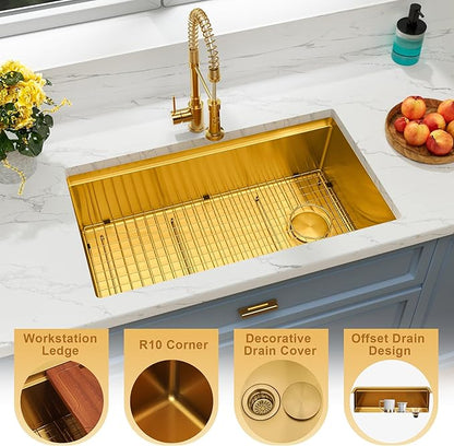 Gold Undermount Kitchen Sink 33 inch,Single Bowl Undermount Sink 16 gauge Stainless Steel,Workstation Kitchen Sinks with Gold Accessories (33" X 18")