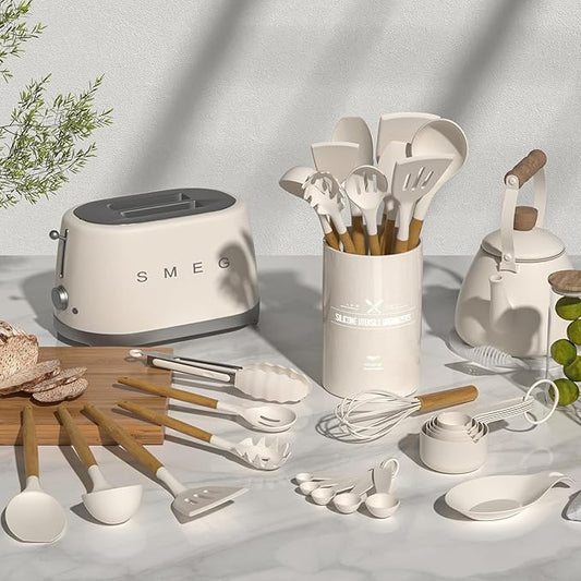 Thickened Silicone Cooking Utensils Set- Umite Chef Khaki Kitchen Utensils Set, 34PCS Heat Resistant Kitchen Gadgets Tools Set with Grater, BPA-Free Kitchen Spatula Set for Nonstick Cookware