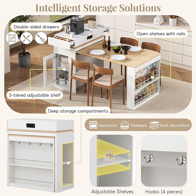 Modern Extendable Sideboard with Power Socket, Folding Dining Table & Kitchen Cart on Wheels, Buffet Cabinet with Glass Doors, Drawers & Hooks, Sturdy Storage Center for Living Room Kitchen