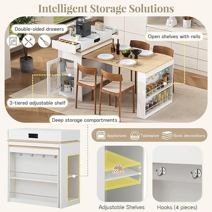 Modern Extendable Sideboard with Power Socket, Folding Dining Table & Kitchen Cart on Wheels, Buffet Cabinet with Glass Doors, Drawers & Hooks, Sturdy Storage Center for Living Room Kitchen