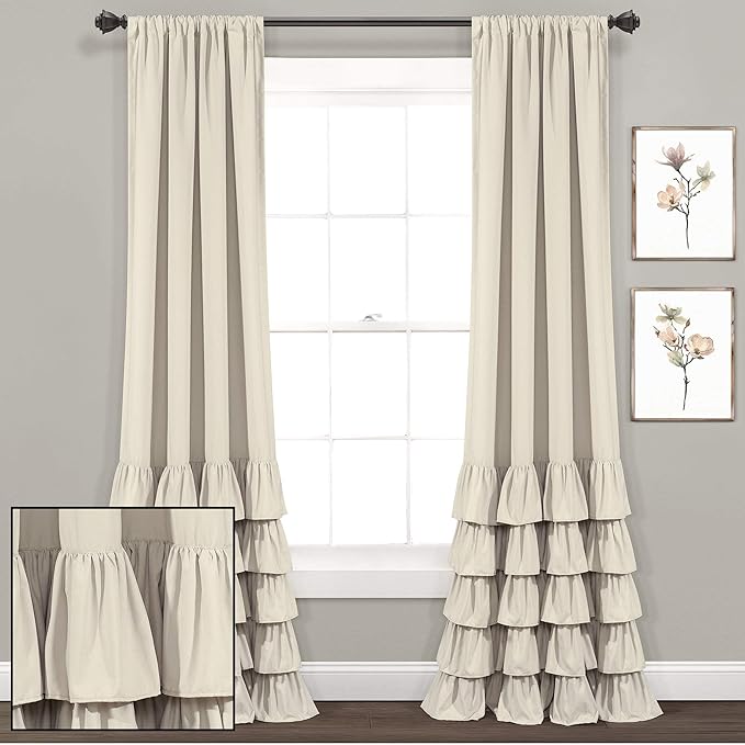 Lush Decor Allison Ruffle Light Filtering Window Curtain Panels Pair 40" W x 95" L Neutral - Coquette Curtains for Bedroom - Drapes - Ruffle Curtains Kids