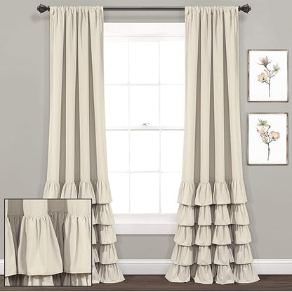 Lush Decor Allison Ruffle Light Filtering Window Curtain Panels Pair 40" W x 95" L Neutral - Coquette Curtains for Bedroom - Drapes - Ruffle Curtains Kids