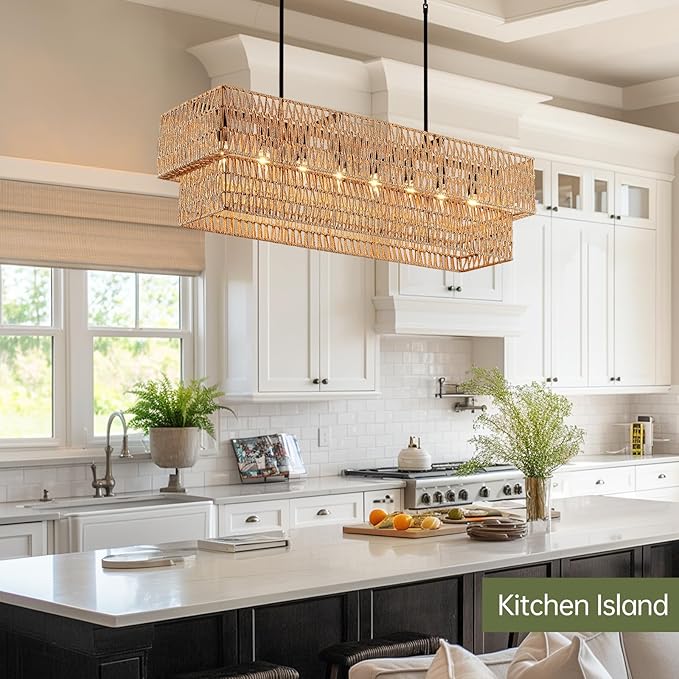 40” Hand Woven Rattan 8-Light Chandeliers for Dining Room, 2 Layer Boho Linear Chandelier Rectangle Rustic Pendant Light Fixture for Kitchen Island Bar Living Room