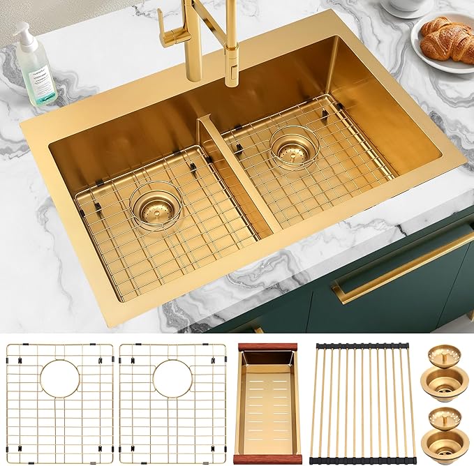 MILOSEN 33''x22'' Gold Double Bowl Kitchen Sink, 50/50 T304 Stainless Steel Drop in Gold Kitchen Sinks, Topmount Large and Deep Workstation Sink, Handmade Low-Divide Double Basin with Accessories