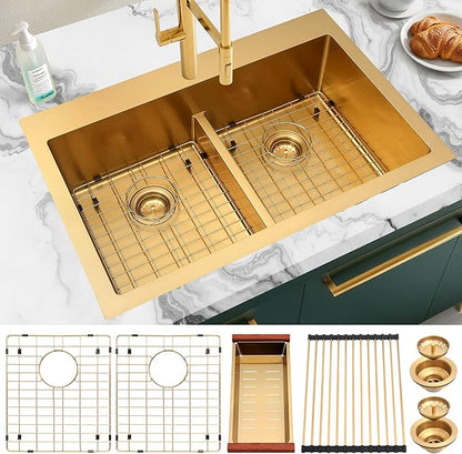 MILOSEN 33''x22'' Gold Double Bowl Kitchen Sink, 50/50 T304 Stainless Steel Drop in Gold Kitchen Sinks, Topmount Large and Deep Workstation Sink, Handmade Low-Divide Double Basin with Accessories