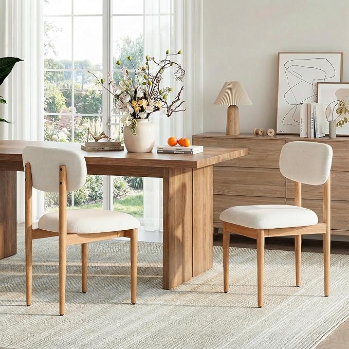 Casaphoria Upholstered Dining Chairs Set of 2, Mid-Century Modern Kitchen Chairs with Solid Wood Legs & Thick Cushion, Ergonomic Fabric Accent Chairs for Dining Room, Vanity & Office, White