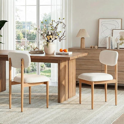 Casaphoria Upholstered Dining Chairs Set of 2, Mid-Century Modern Kitchen Chairs with Solid Wood Legs & Thick Cushion, Ergonomic Fabric Accent Chairs for Dining Room, Vanity & Office, White