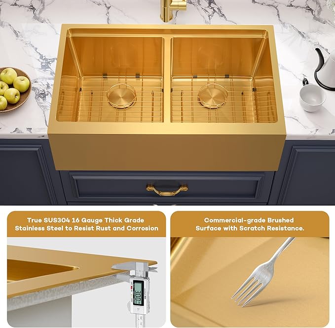 MILOSEN Gold Farmhouse Kitchen Sink, 28x22x10 Inch 50/50 Double Bowl Apron Front Drop-in Workstation Sink, 16 Gauge T304 Gold Stainless Steel Handmade Deep Farm Sink with Ledge & Accessories