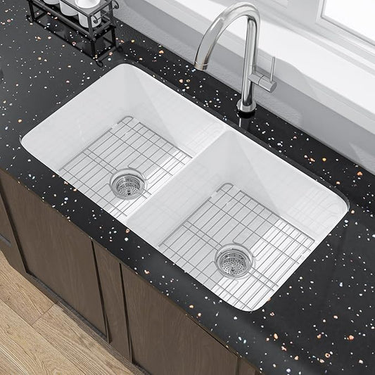 Miuara White Undermount Kitchen Sink 32 Inch Double Bowl 50/50 - Topmount Fireclay Drop In Sink 32"x19"x10", Dual Mount, Heavy Duty Dual Basin, with 4 Custom Accessories, Glossy White, for Kitchen